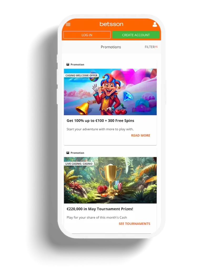 Mobile view of Betsson Casino promotions page with bonus offers and tournament details.