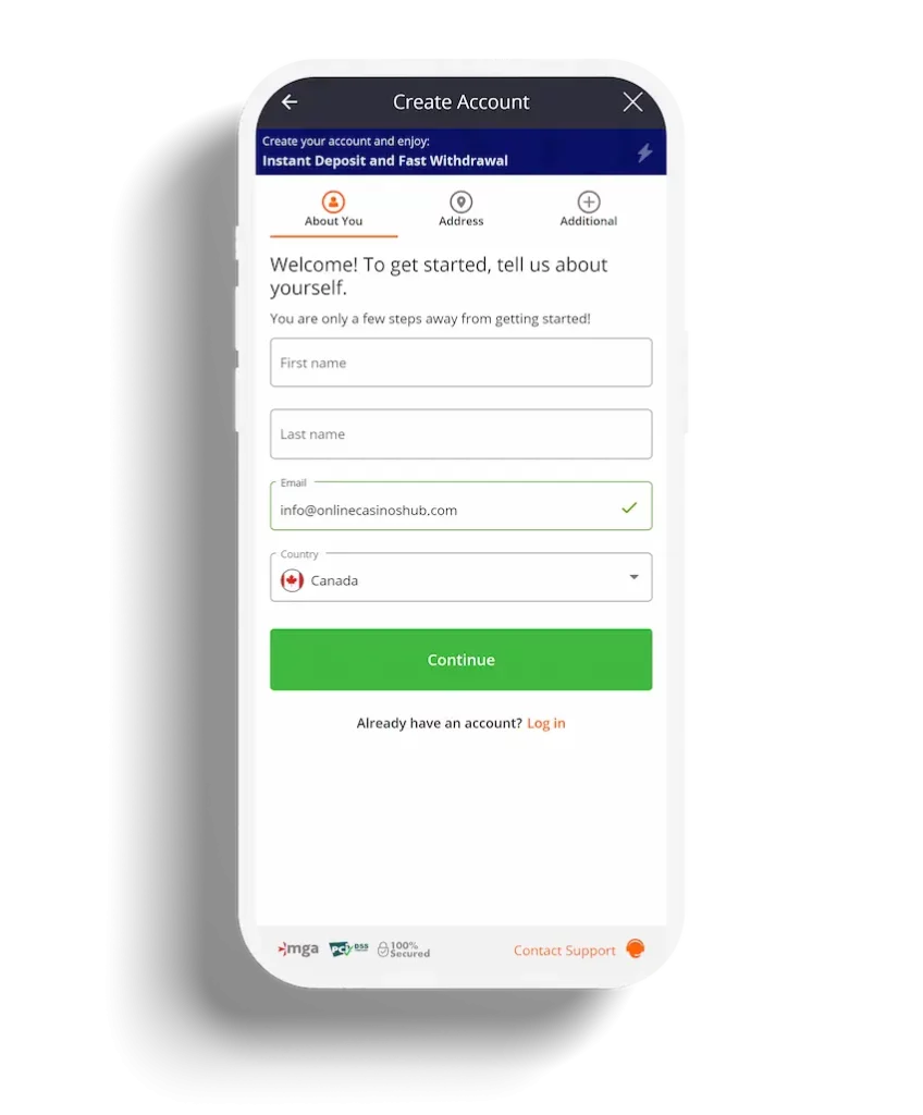 Mobile view of Betsson Casino registration form for new users to create an account.