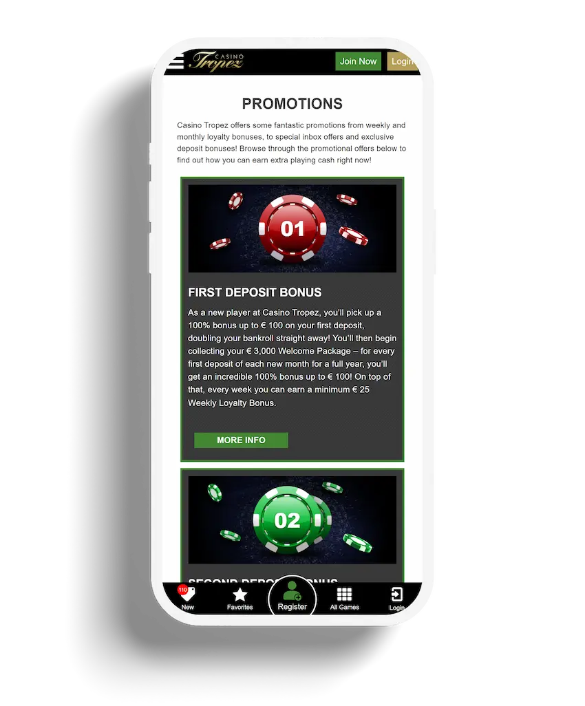 Mobile view of Casino Tropez promotions page detailing the first deposit bonus and other offers.