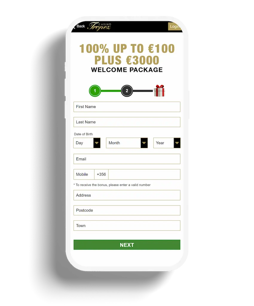 Mobile view of Casino Tropez registration form for new users to create an account.