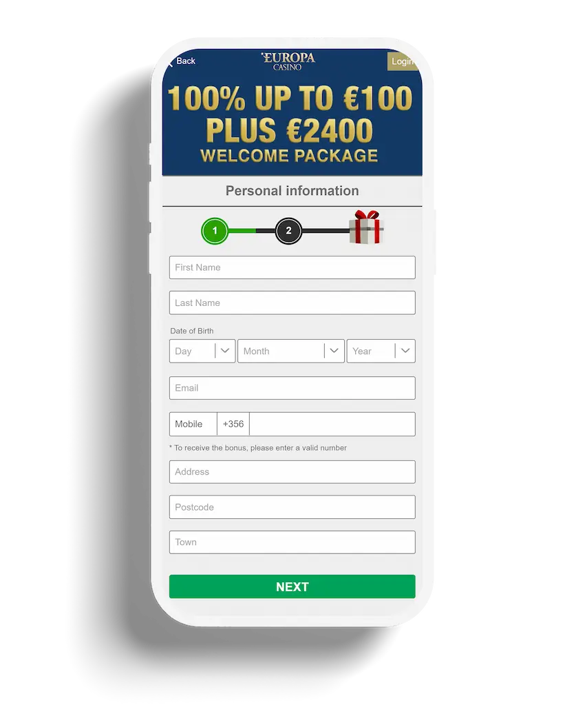 Mobile view of Europa Casino registration form for new users to create an account and claim welcome bonuses.