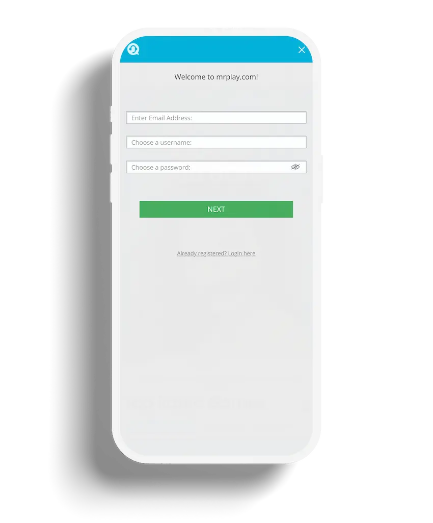 Mobile view of Mr.Play Casino registration form for new users to create an account.