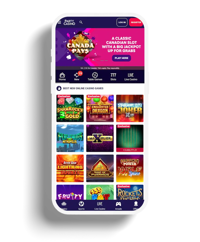 Mobile view of PartyCasino homepage showcasing new online casino games and a special Canadian slot.