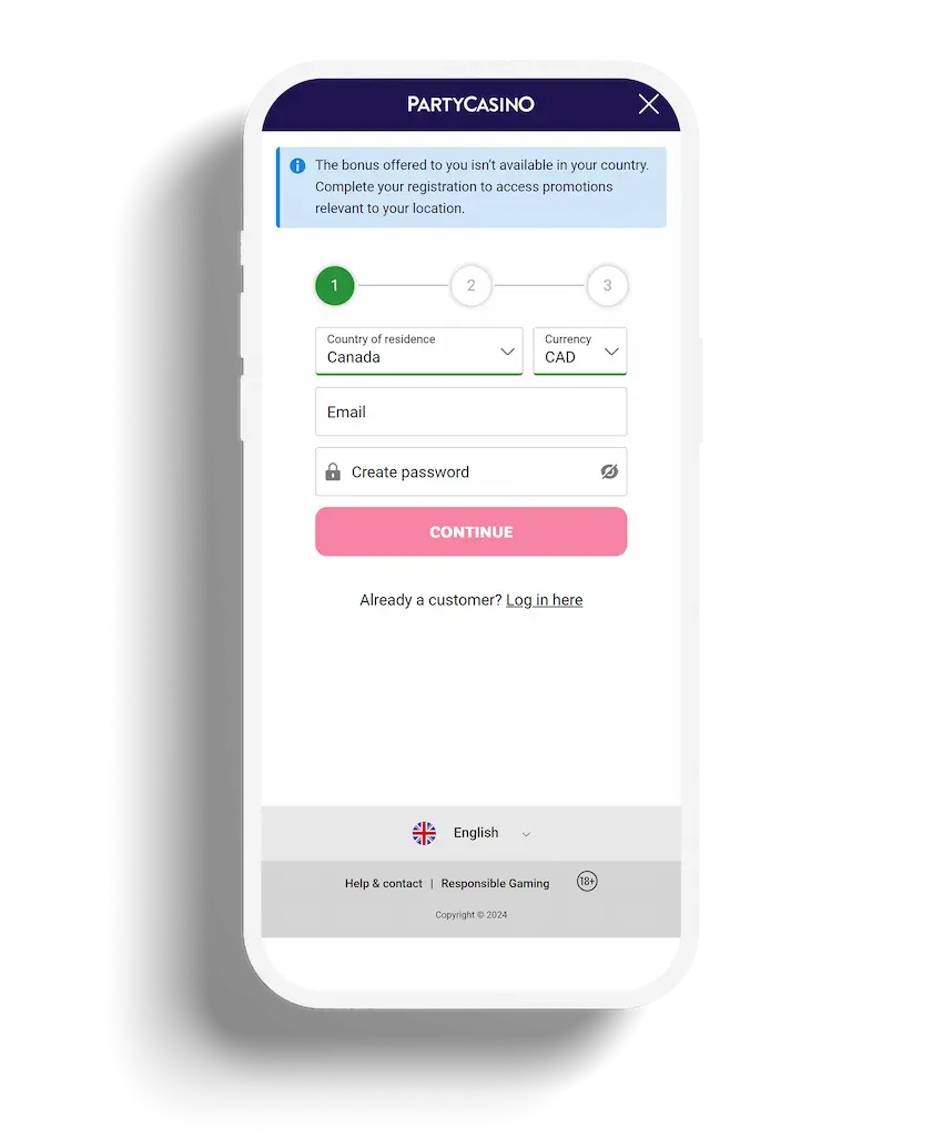 Mobile view of PartyCasino registration form for new users to create an account.