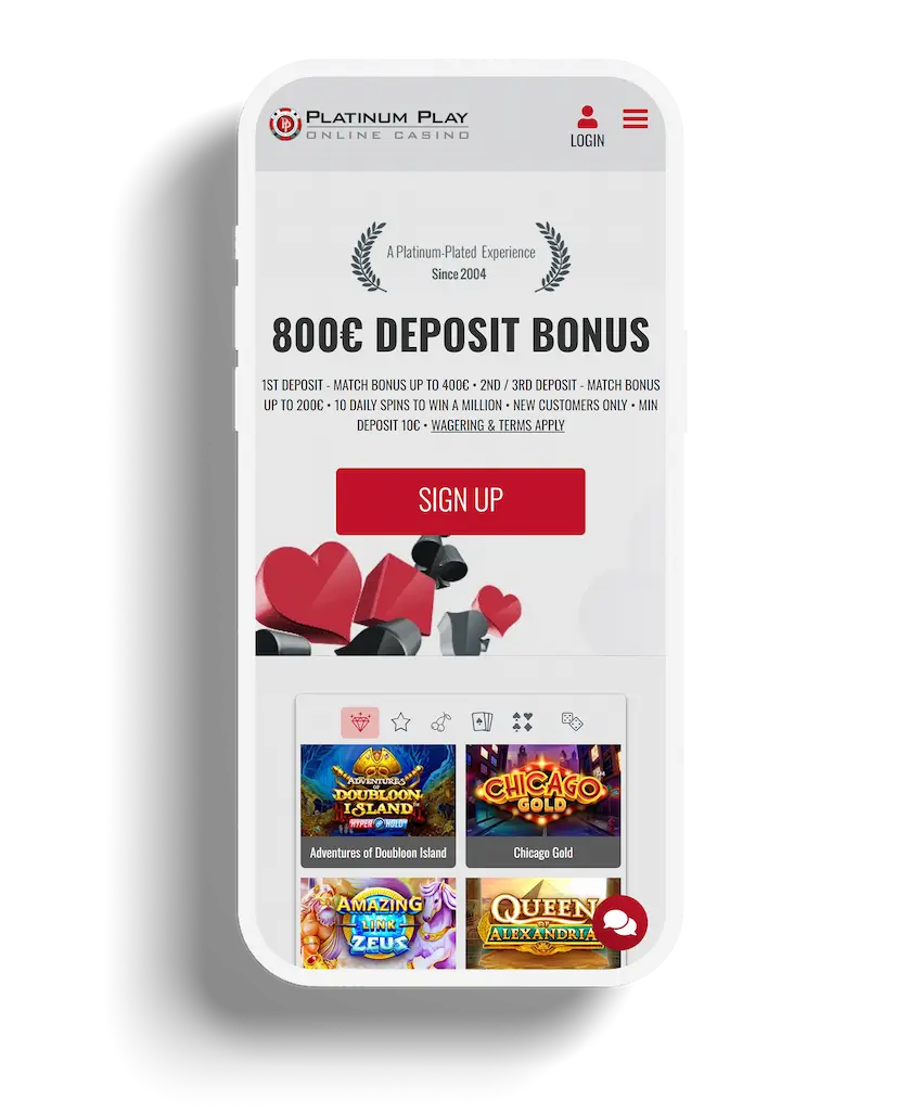 Mobile view of PlatinumPlay Casino homepage with an 800€ deposit bonus offer and popular slot games.