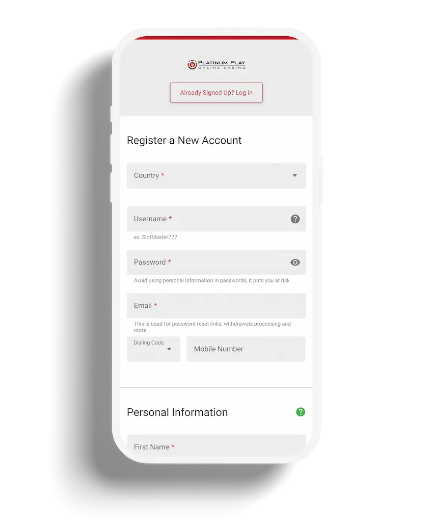 Mobile view of PlatinumPlay Casino registration form for new users to create an account.