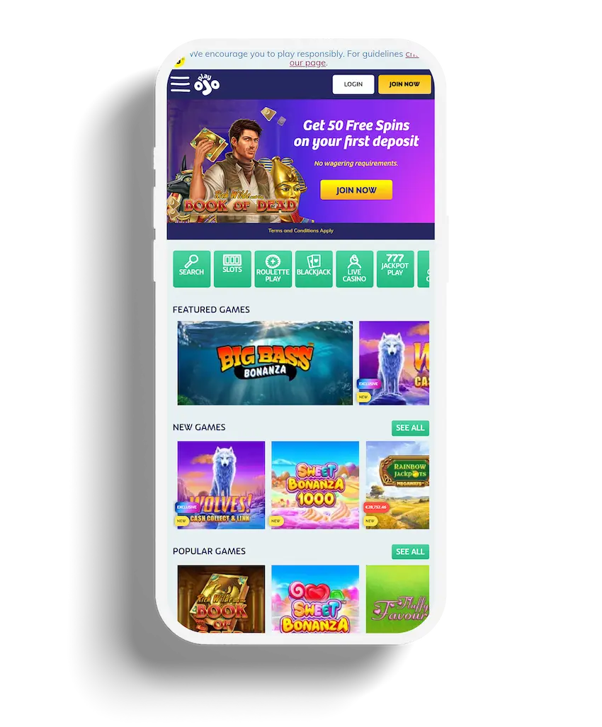 Mobile view of PlayOJO homepage showing 50 free spins offer and featured slot games.