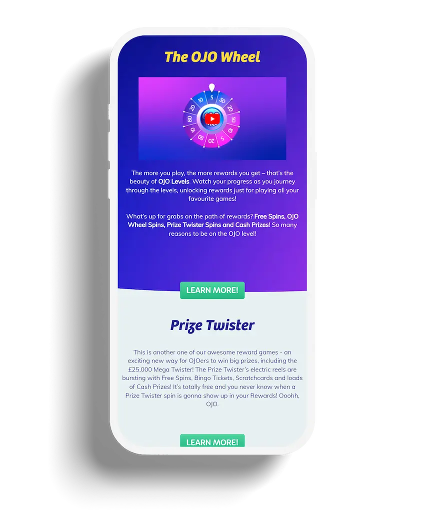 Mobile view of PlayOJO promotions page with information about the OJO Wheel and Prize Twister rewards.