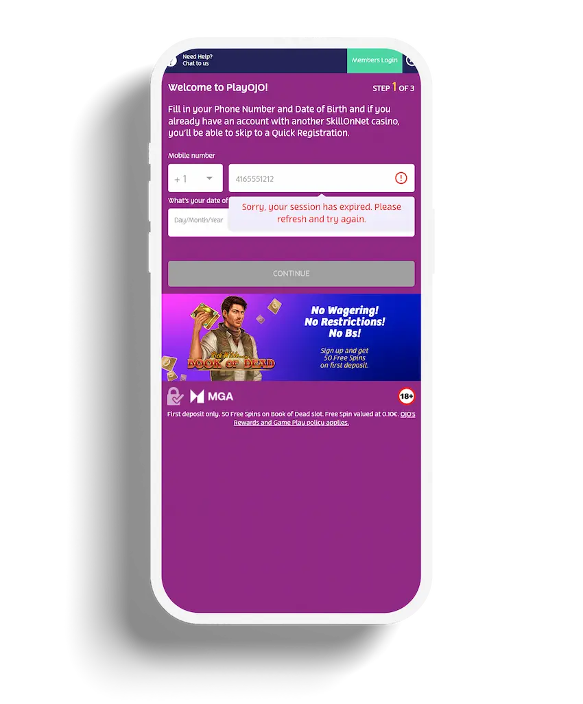 Mobile view of PlayOJO registration form for new users to sign up and create an account.