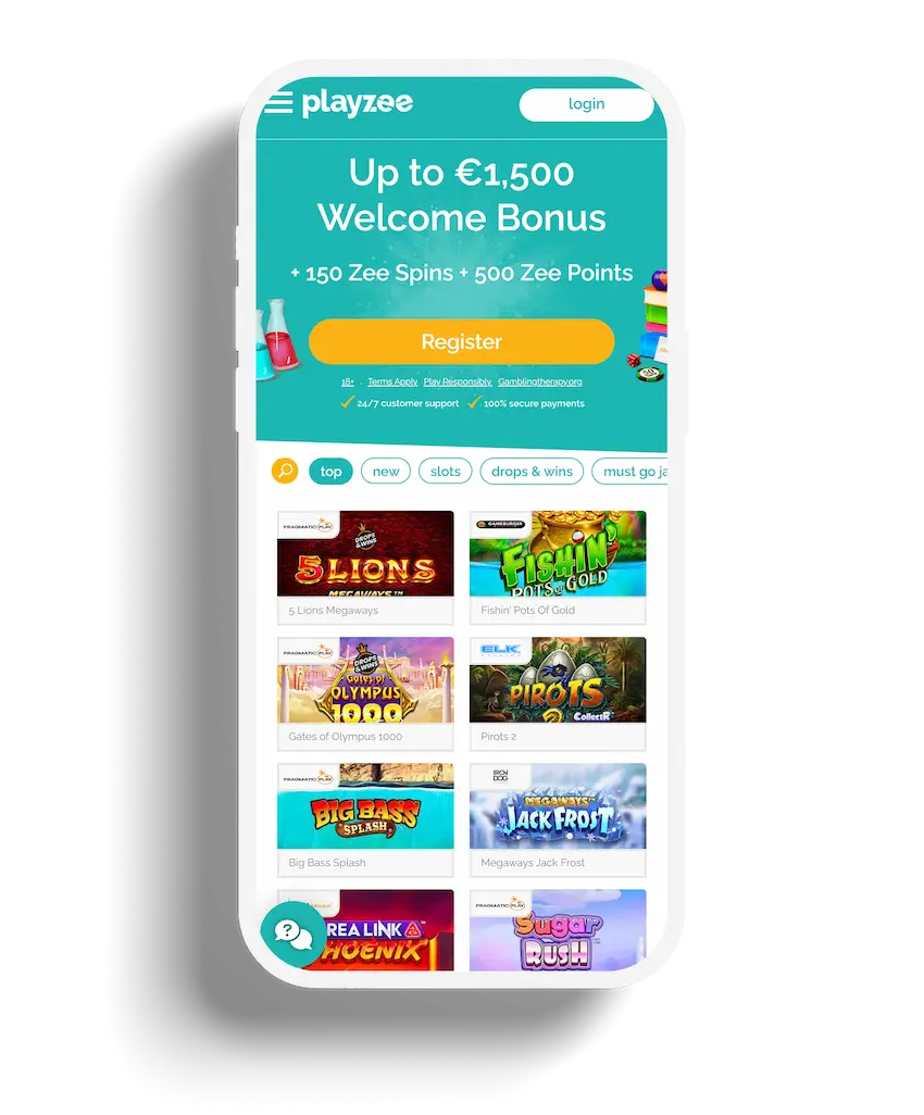 Mobile view of Playzee homepage with welcome bonus offer and new slot games.