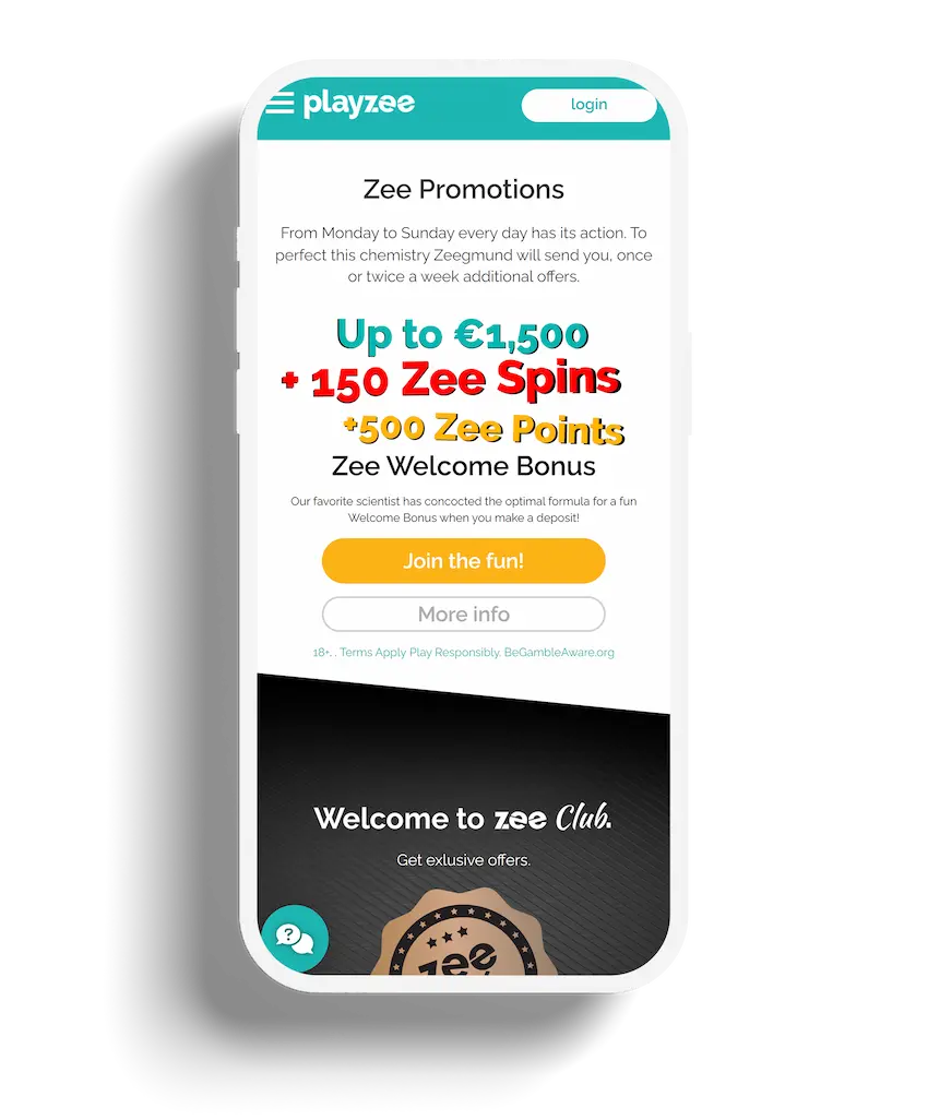 Mobile view of Playzee promotions page detailing welcome bonus and Zee Club offers.