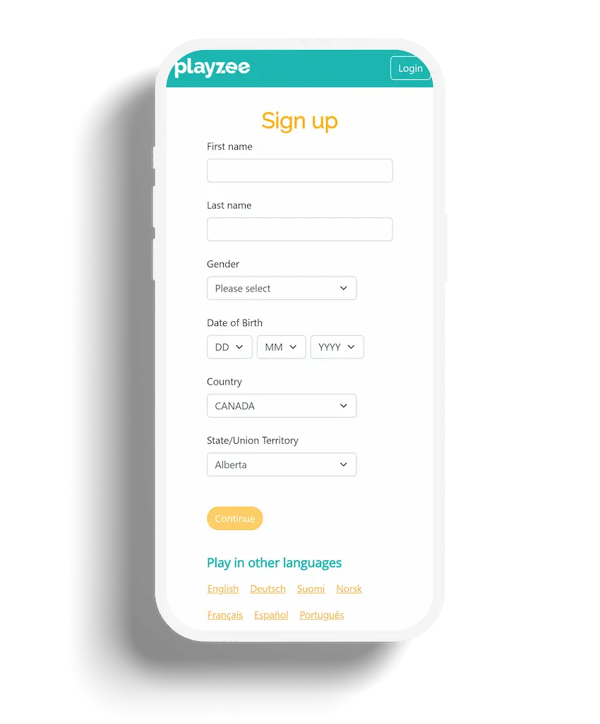 Mobile view of Playzee registration form for new users to sign up and create an account.