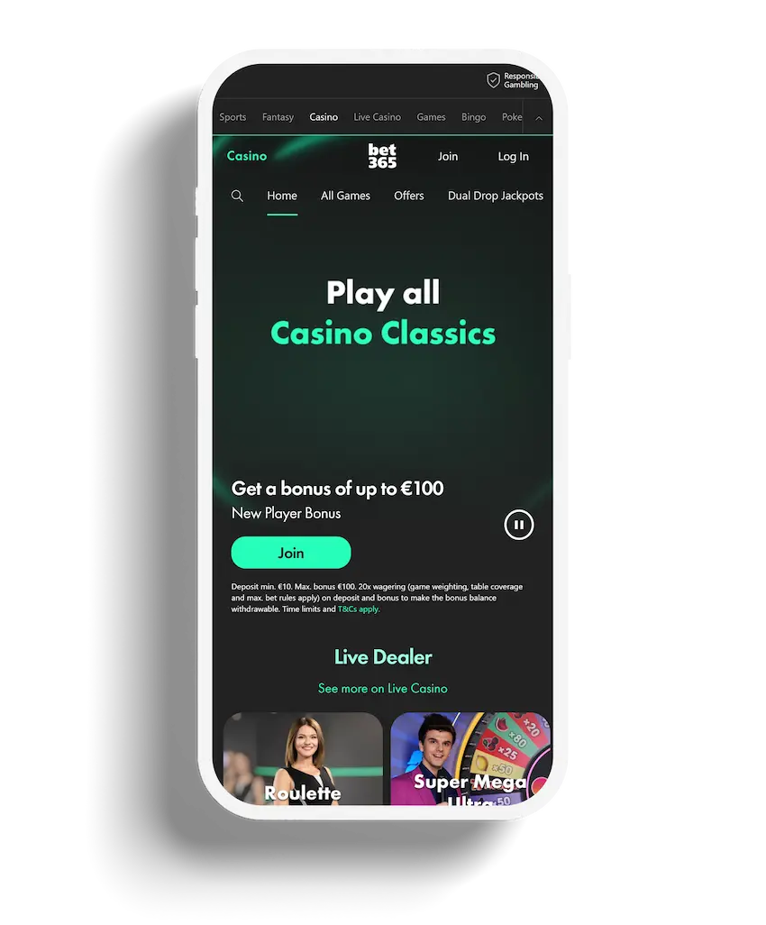 Bet365 Casino homepage featuring casino classics and a new player bonus up to €100.