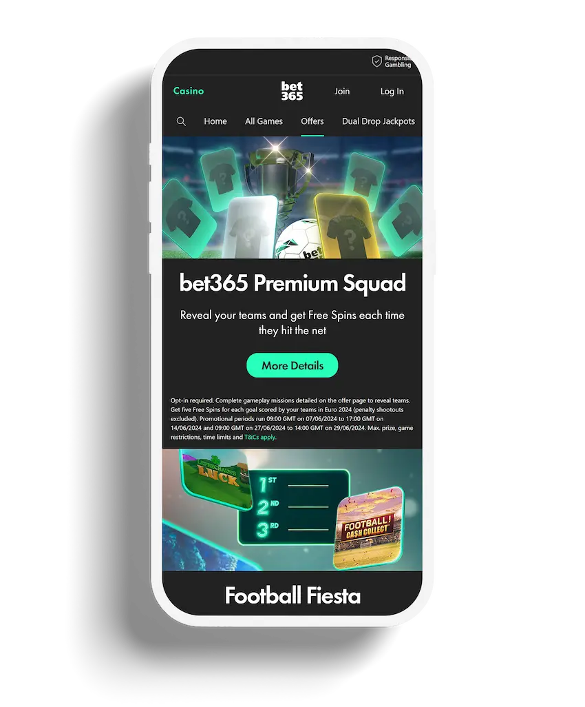 Bet365 Casino promotions page featuring the Premium Squad offer and Football Fiesta.