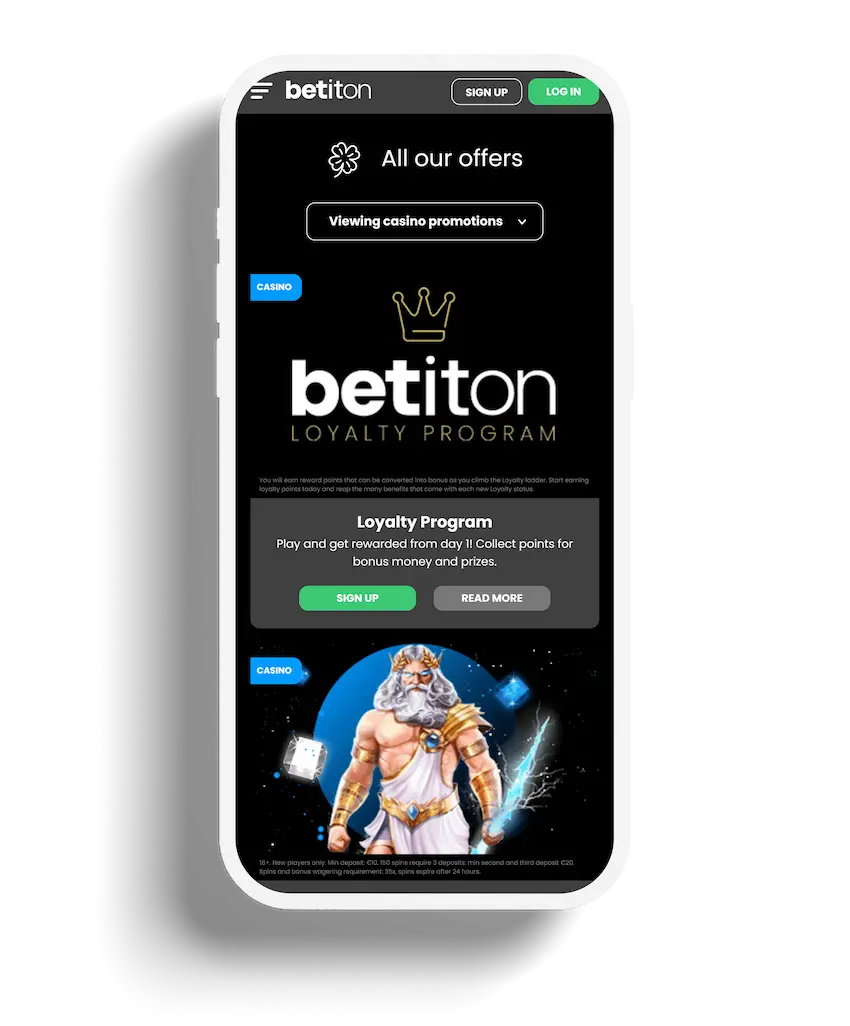 Betiton loyalty program promotion page with sign-up and read more options.