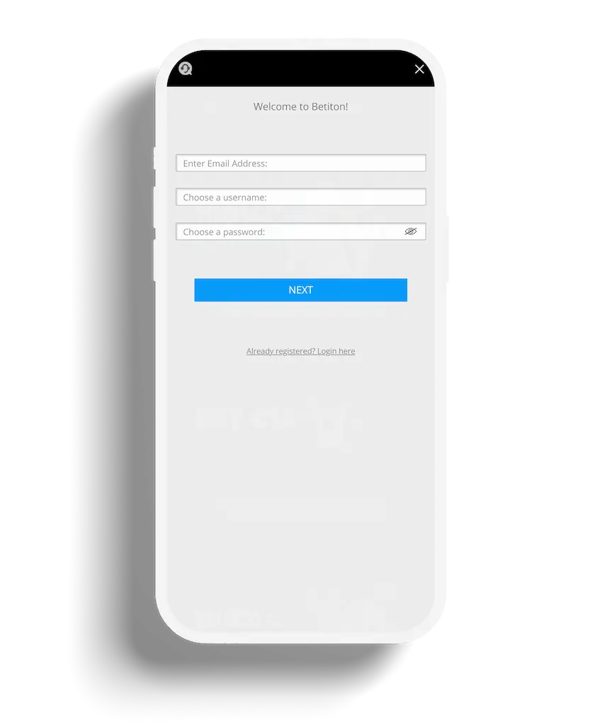 Betiton registration form with fields for email address, username, and password.