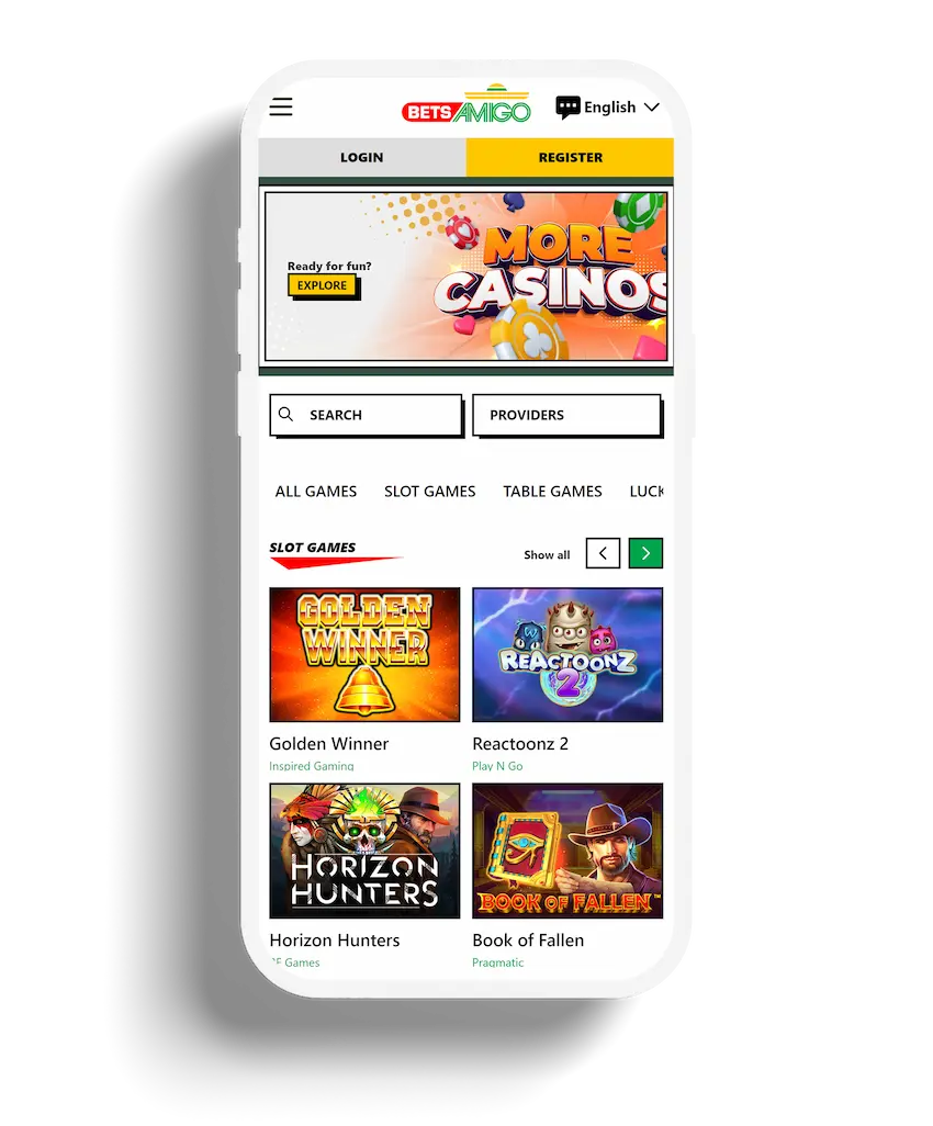 Betsamigo homepage featuring a search bar and popular slot games.