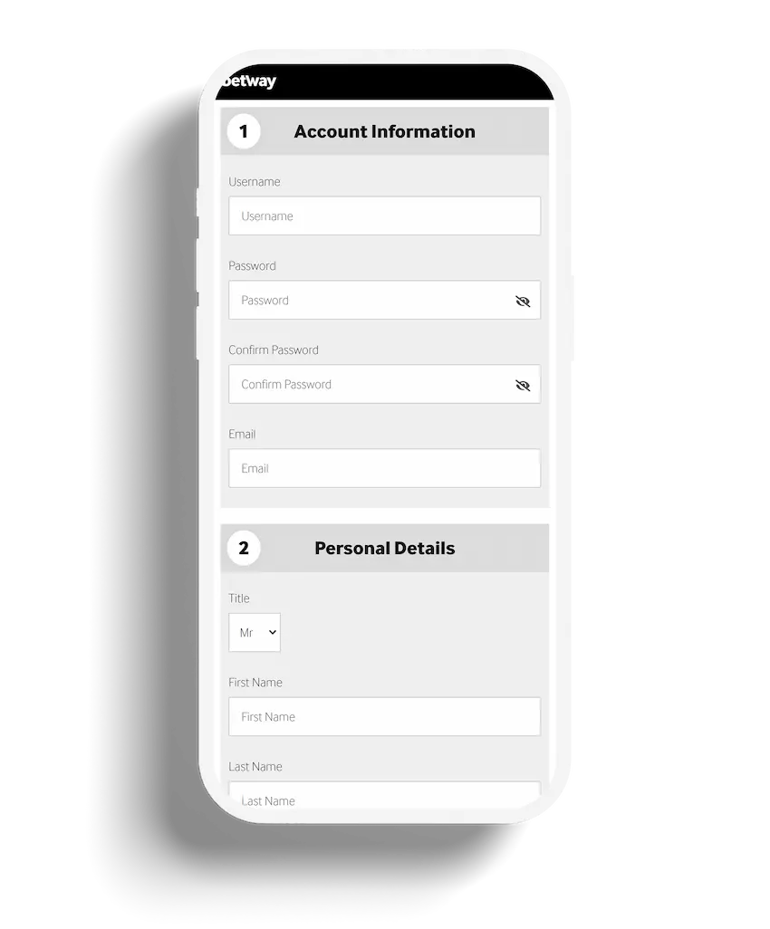 Betway Casino registration form with fields for account information and personal details.