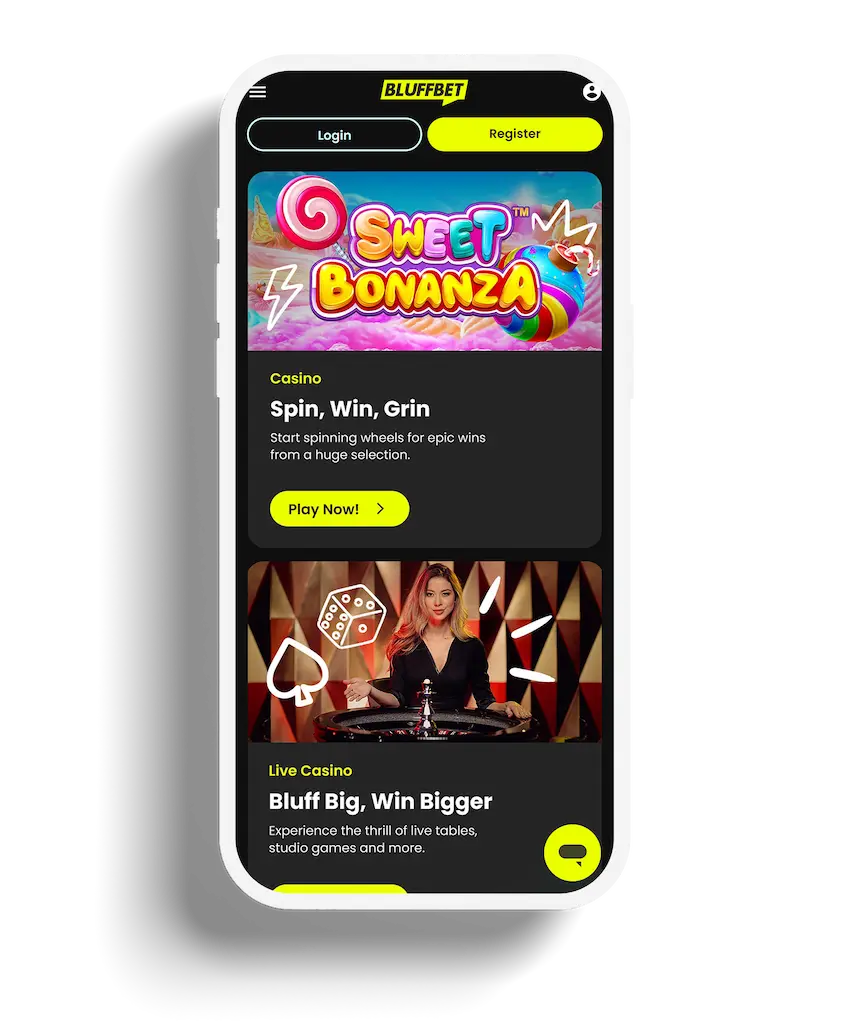 BLUFFBET app homepage featuring Sweet Bonanza and Live Casino options.