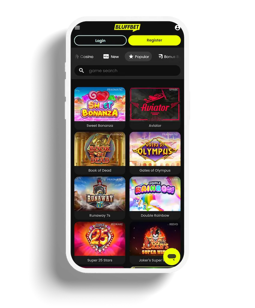 BLUFFBET app displaying a selection of slot games, including Sweet Bonanza and Gates of Olympus.