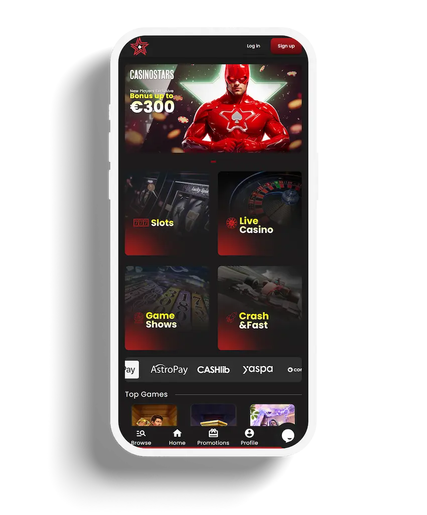 Casinostars app homepage with €300 bonus offer and game categories.