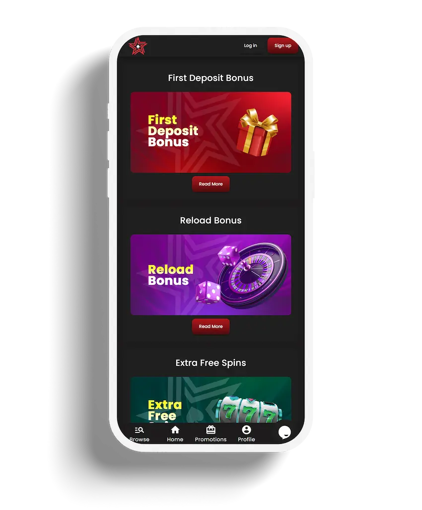 Casinostars app highlighting promotions: First Deposit Bonus, Reload Bonus, Extra Free Spins.