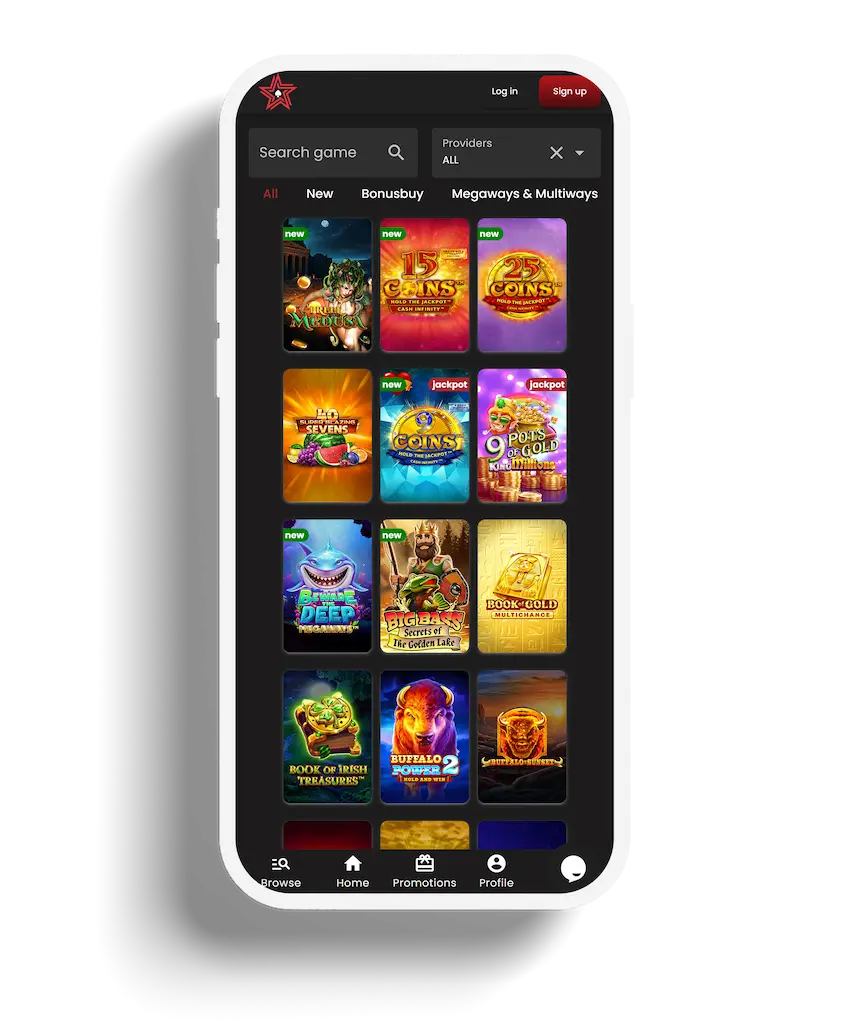 Casinostars app showing slot games like 15 Coins, Book of Gold, and Buffalo Power 2.