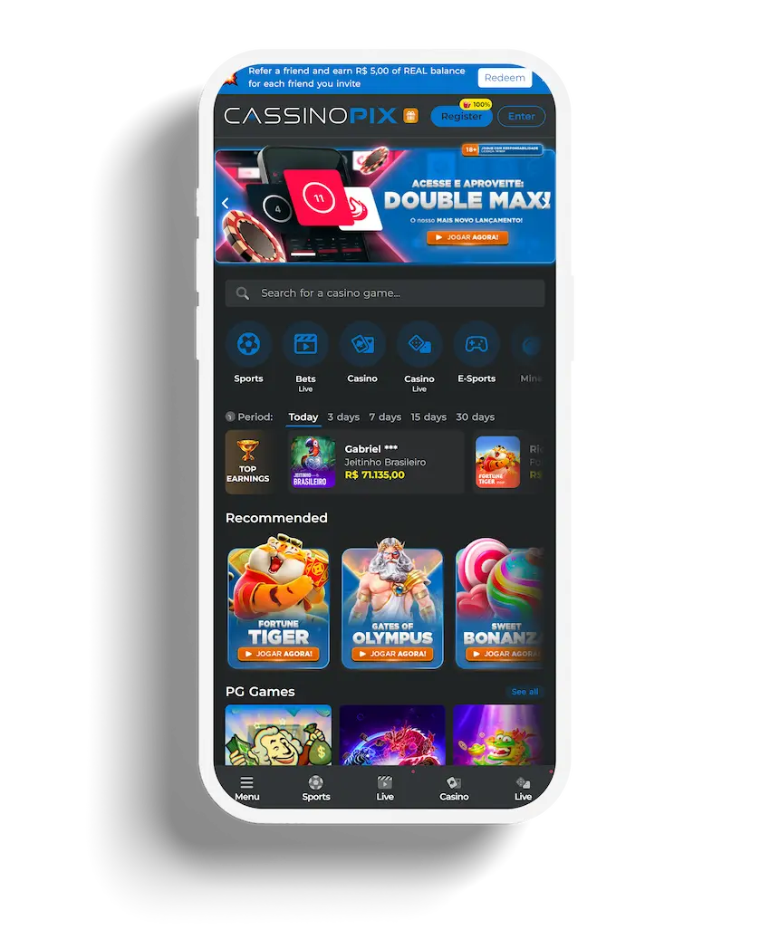 CASSINOPIX homepage featuring recommended games like Fortune Tiger, Gates of Olympus, and Sweet Bonanza, with top earnings displayed.