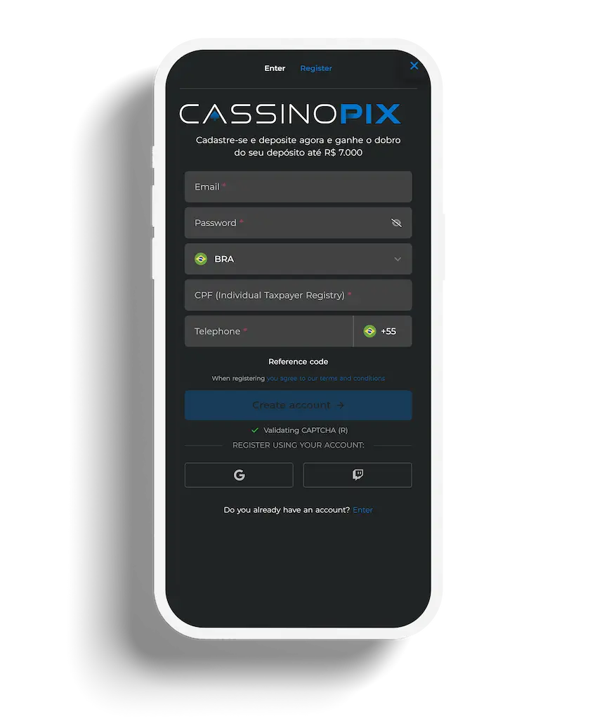 CASSINOPIX registration page asking for email, password, CPF, and phone number, with an option to register via Google or Twitch.