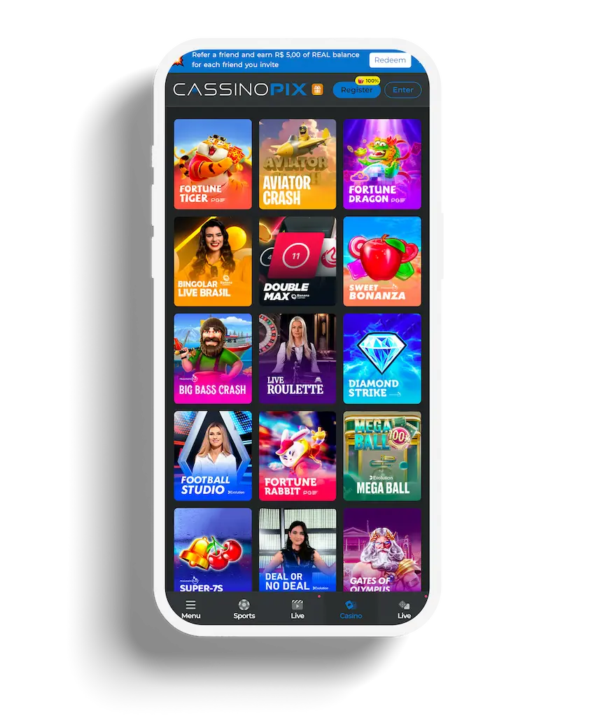 CASSINOPIX slots selection showcasing games like Fortune Tiger, Aviator Crash, and Sweet Bonanza.