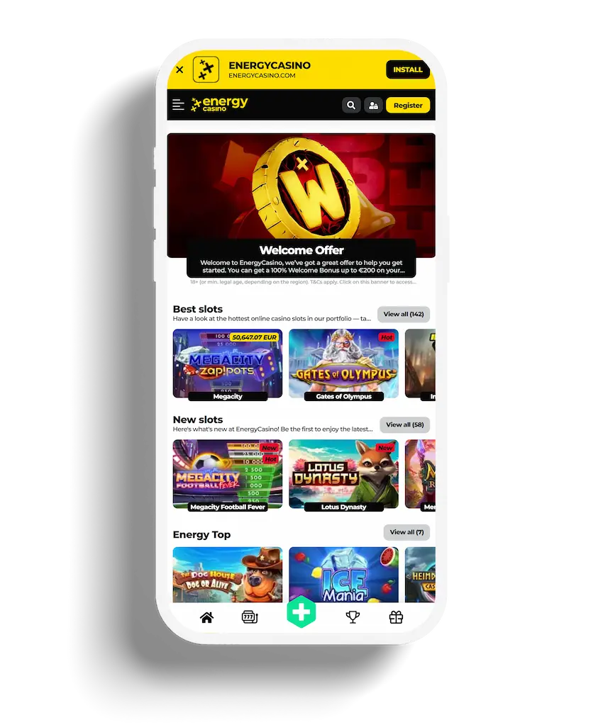 EnergyCasino homepage featuring welcome offer and popular slots.