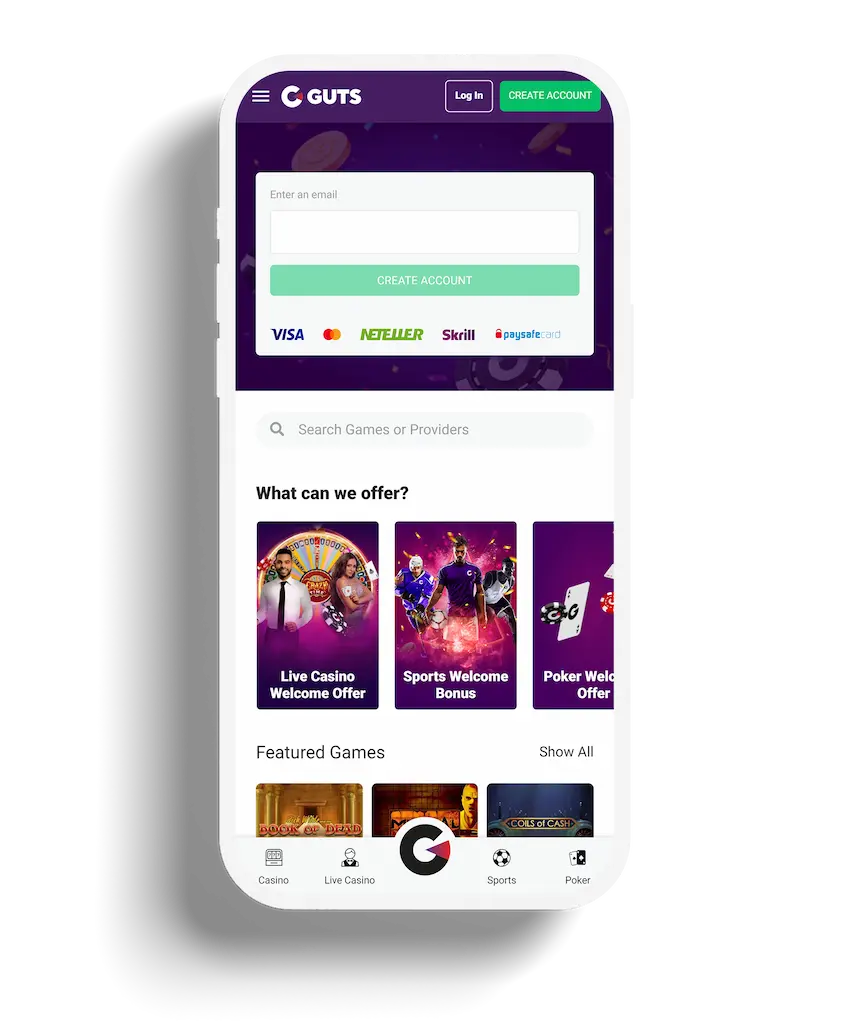 Guts Casino homepage featuring email registration and welcome offers.