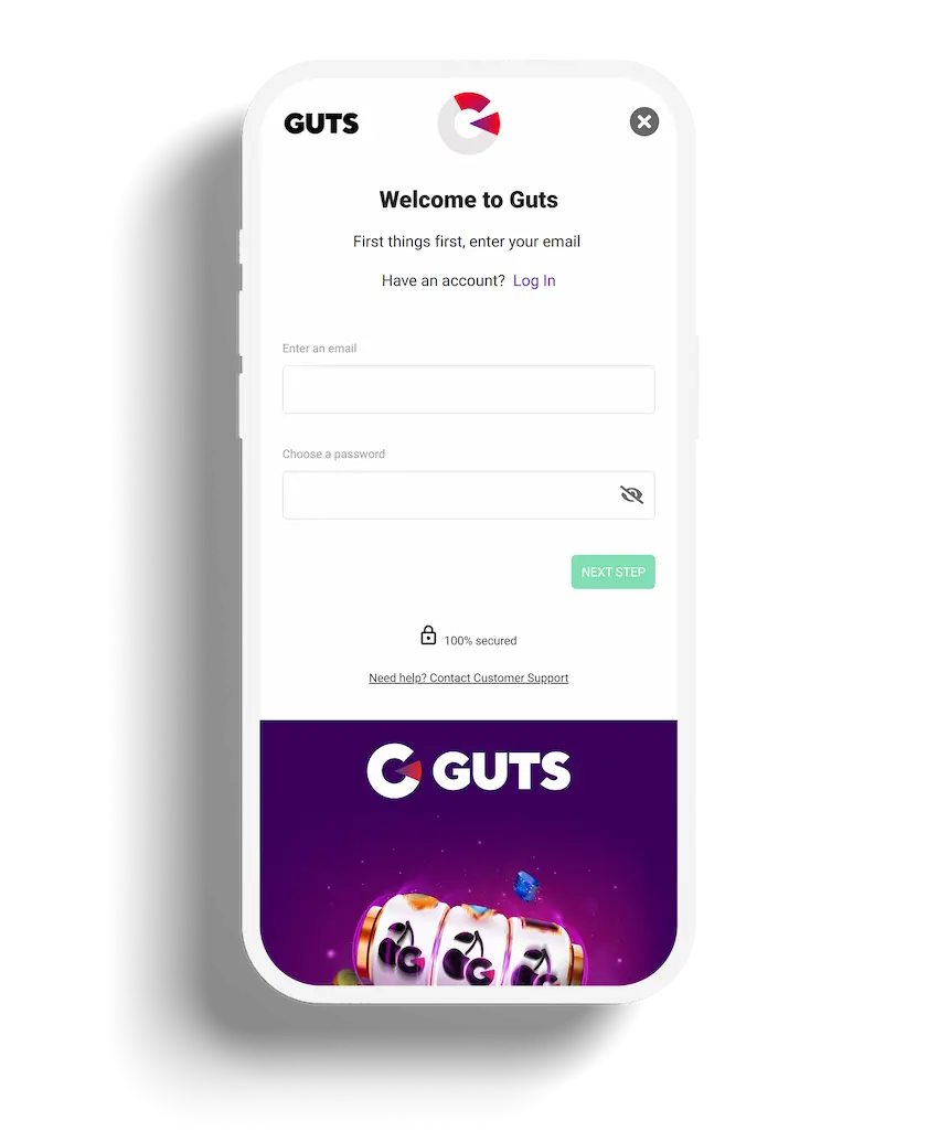 Guts Casino registration form with fields for email and password.