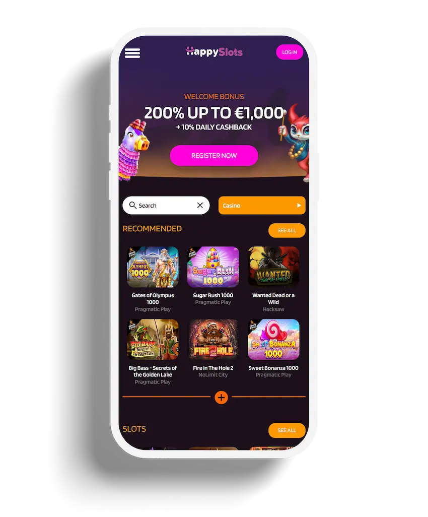 HappySlots Casino homepage displaying a welcome bonus of 200% up to €1,000 and recommended slots like Sugar Rush and Wanted Dead or a Wild.