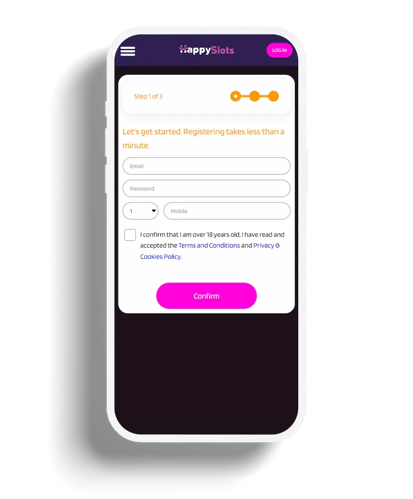 HappySlots Casino registration page asking for email, password, and mobile number with terms and conditions.
