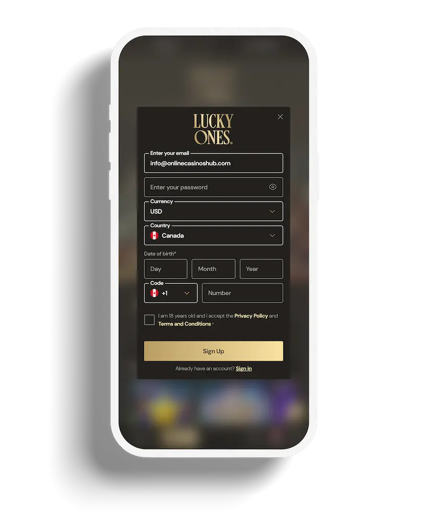 Lucky Ones Casino app registration screen for new players.