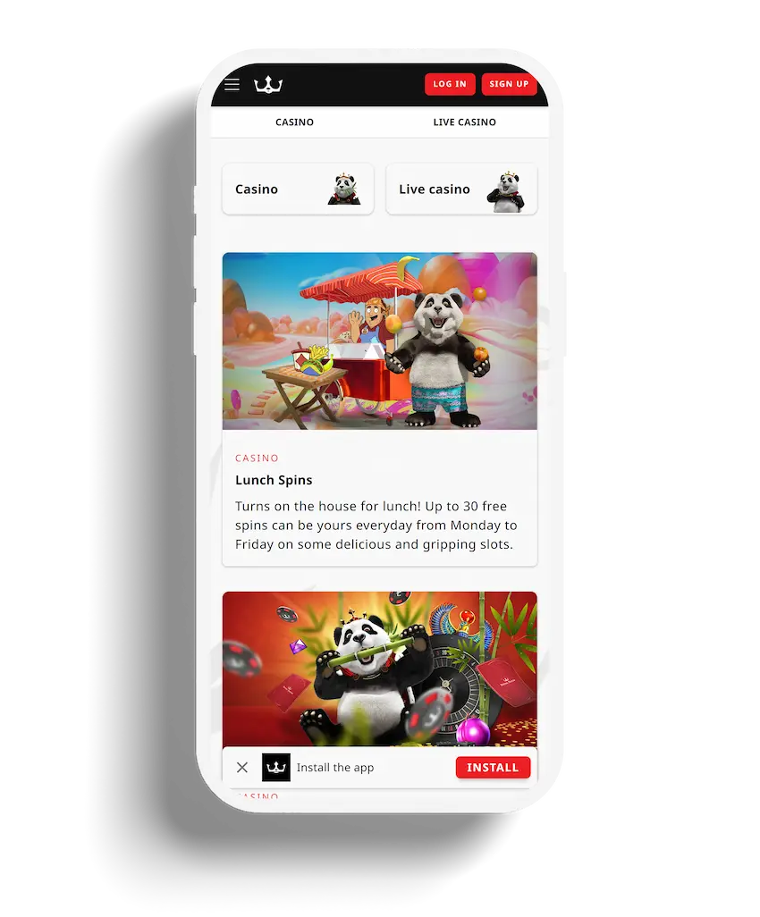 Royal Panda promotions page featuring Lunch Spins offer and app installation prompt.