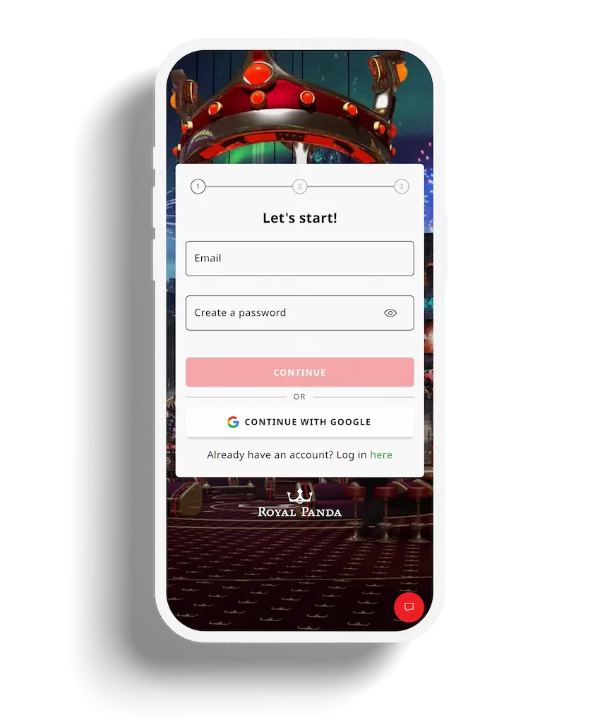 Royal Panda registration form with fields for email and password, and option to continue with Google.
