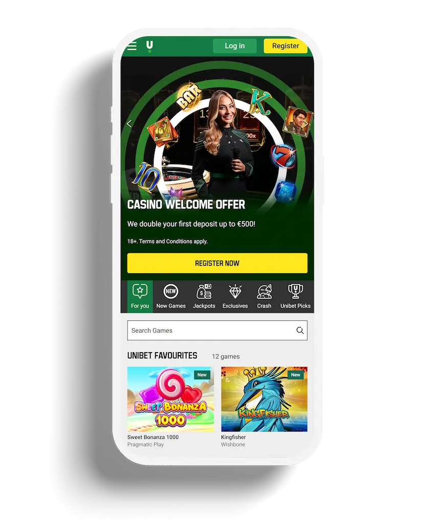 Unibet Casino homepage featuring a welcome offer and popular games.