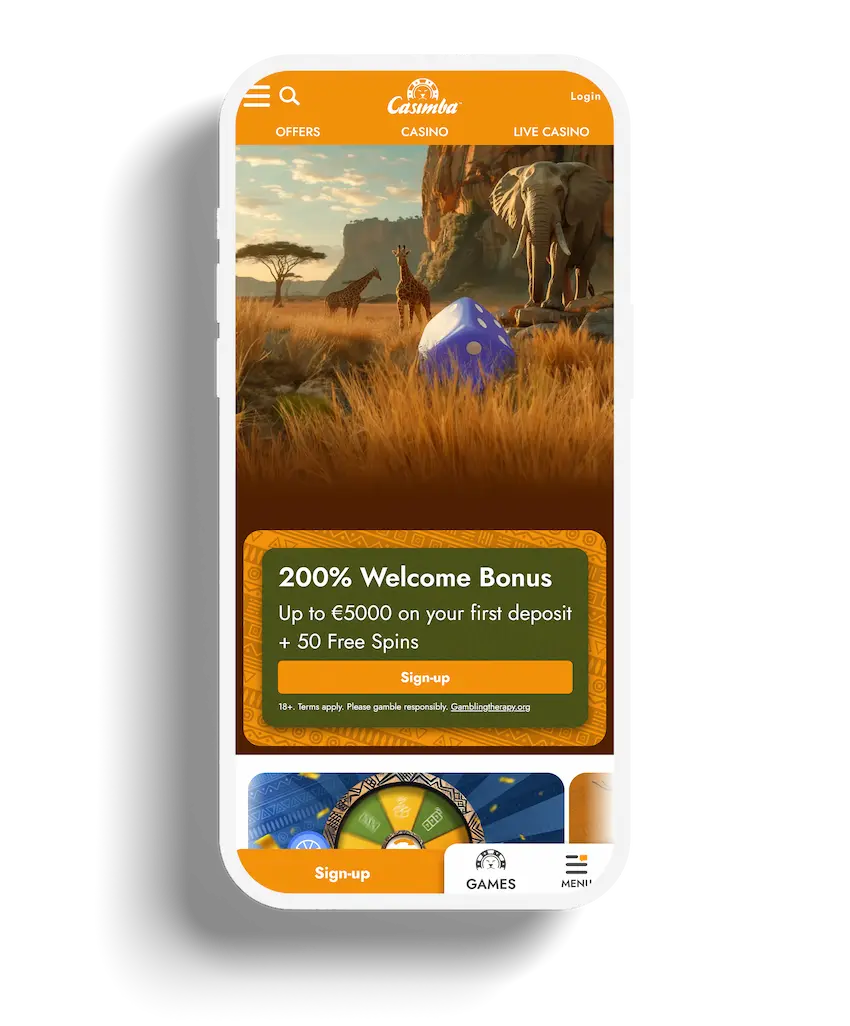 Casimba app homepage with a safari-themed background, showing a 200% welcome bonus offer.