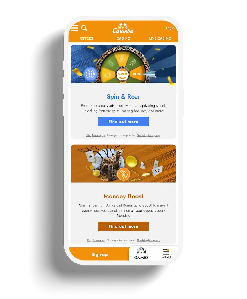 Casimba app promotions page highlighting the Spin & Roar wheel and Monday Boost offer.