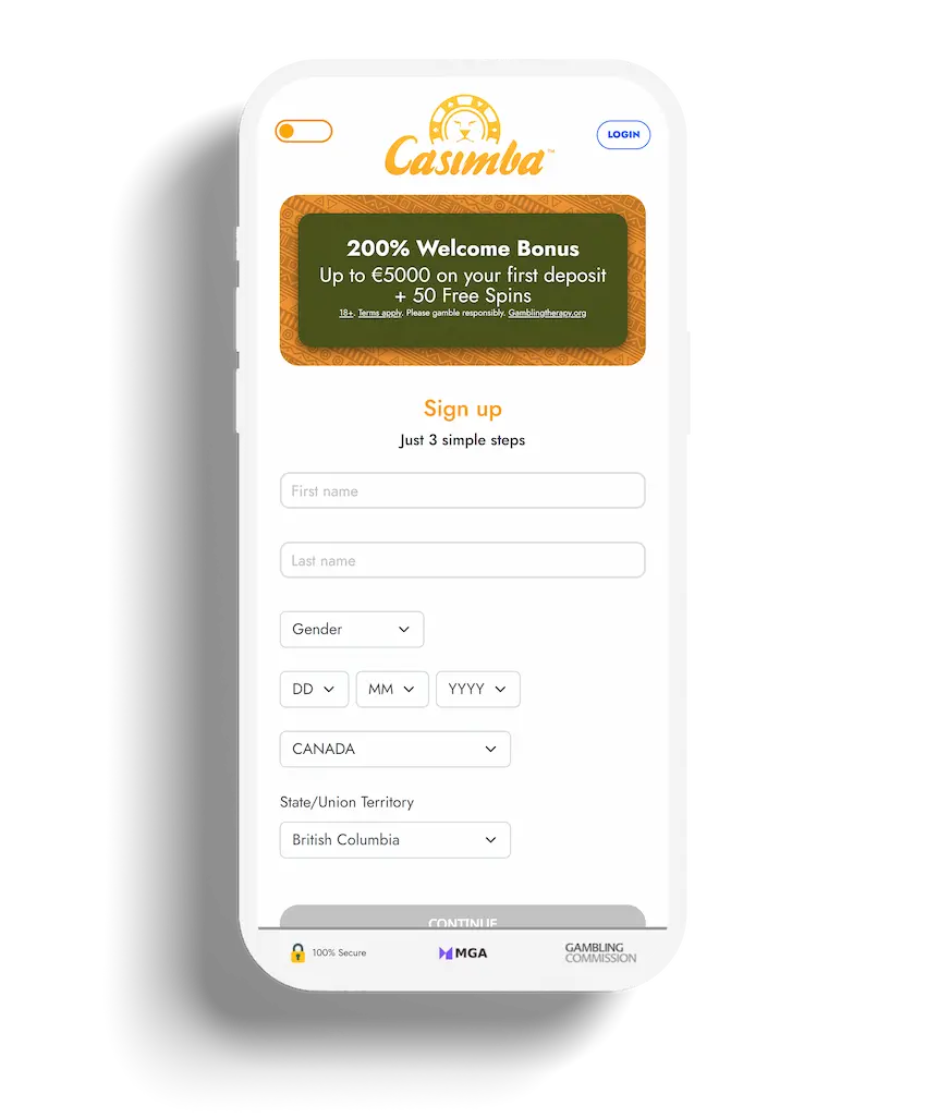 Casimba app registration page with fields for personal information and a welcome bonus offer.