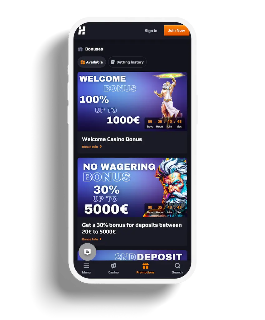 Herake Casino promotions page featuring a 100% welcome bonus up to 1000€ and a no wagering bonus of 30% up to 5000€.