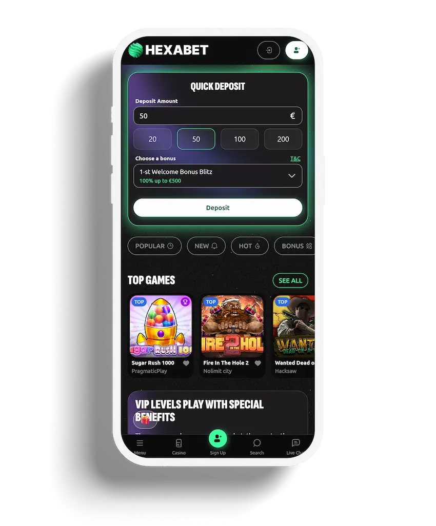 Hexabet Casino app displaying deposit options and featured games like Sugar Rush and Fire in the Hole.