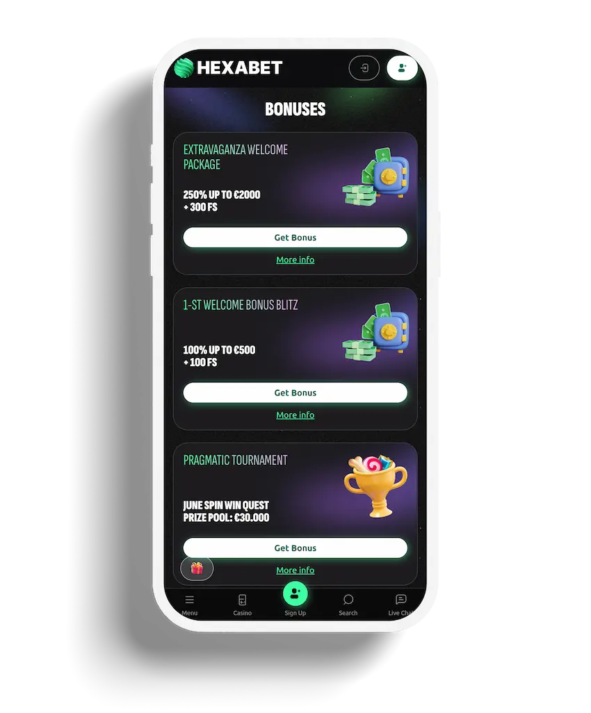 Hexabet Casino app showing available bonuses, including a welcome package and tournament information.