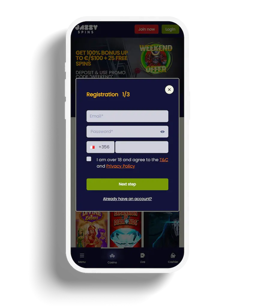 Jazzy Spins registration page asking for email, password, and phone number in a simple 3-step process.