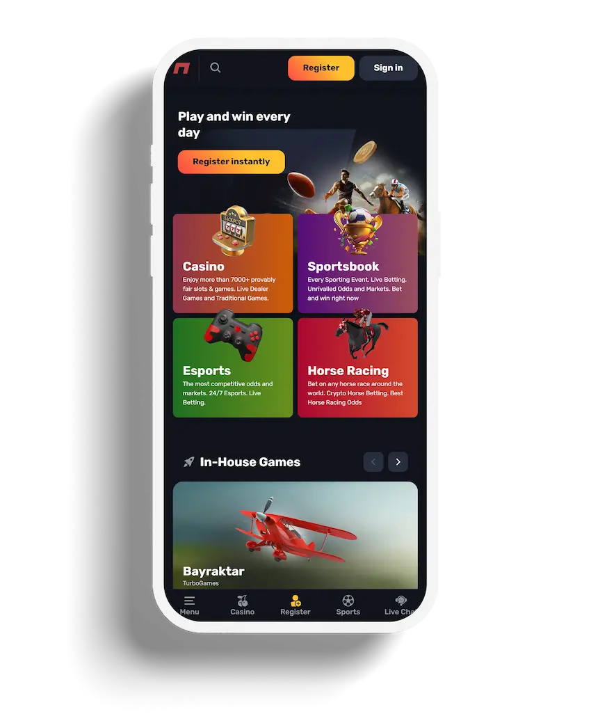 Nab Casino app homepage displaying categories for Casino, Sportsbook, Esports, and Horse Racing.