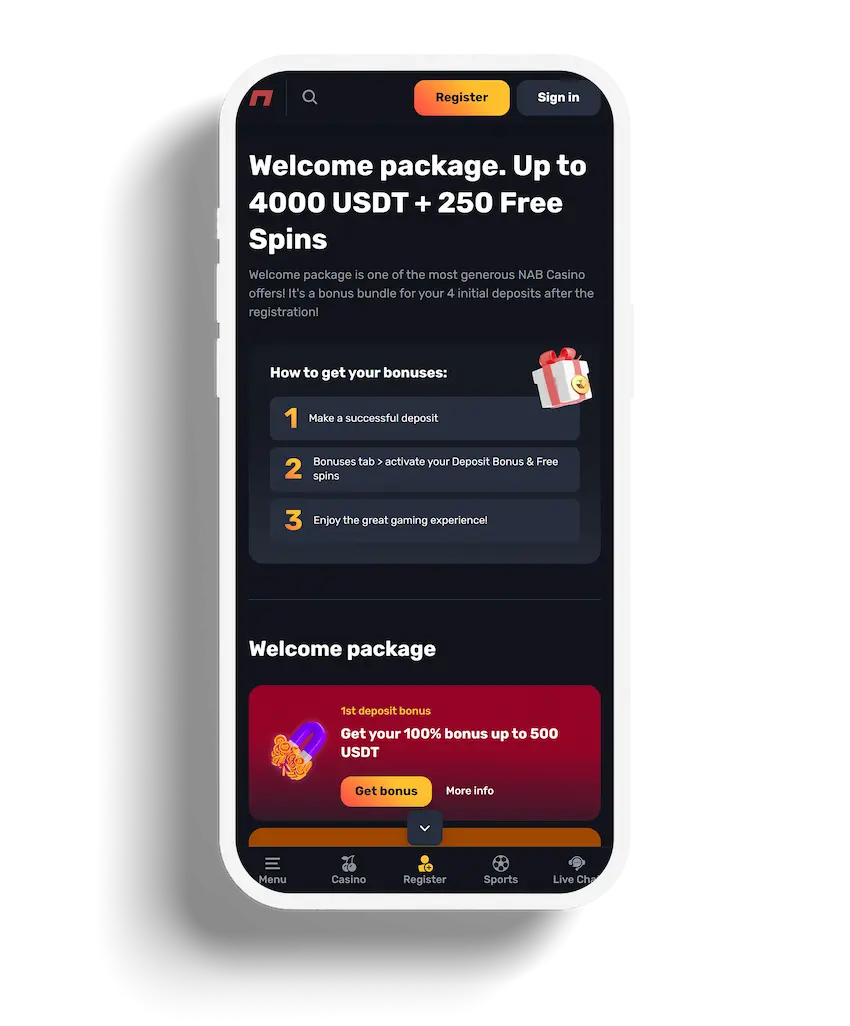 Nab Casino app showing a welcome package with up to 4000 USDT and 250 Free Spins.