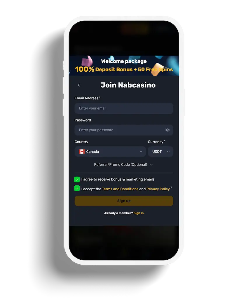 Nab Casino app registration page with fields for email, password, and country selection.