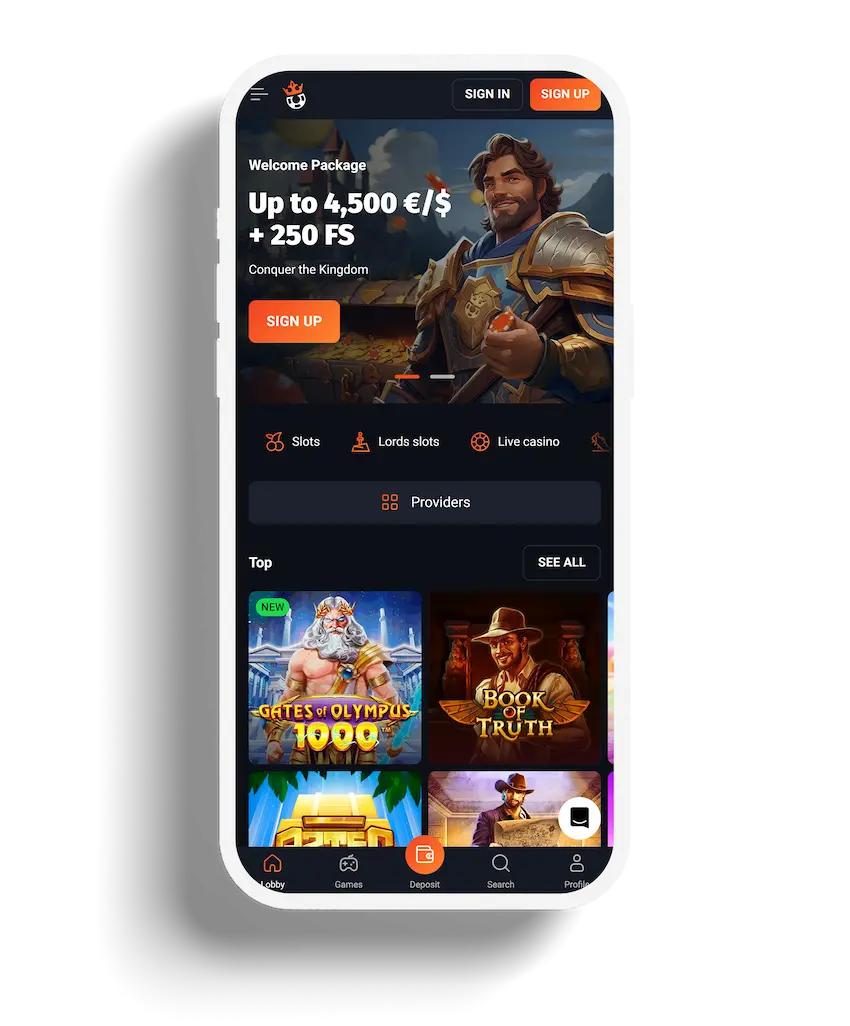 SlotLords app homepage with a medieval theme, showing a welcome package offer and top games like Gates of Olympus.